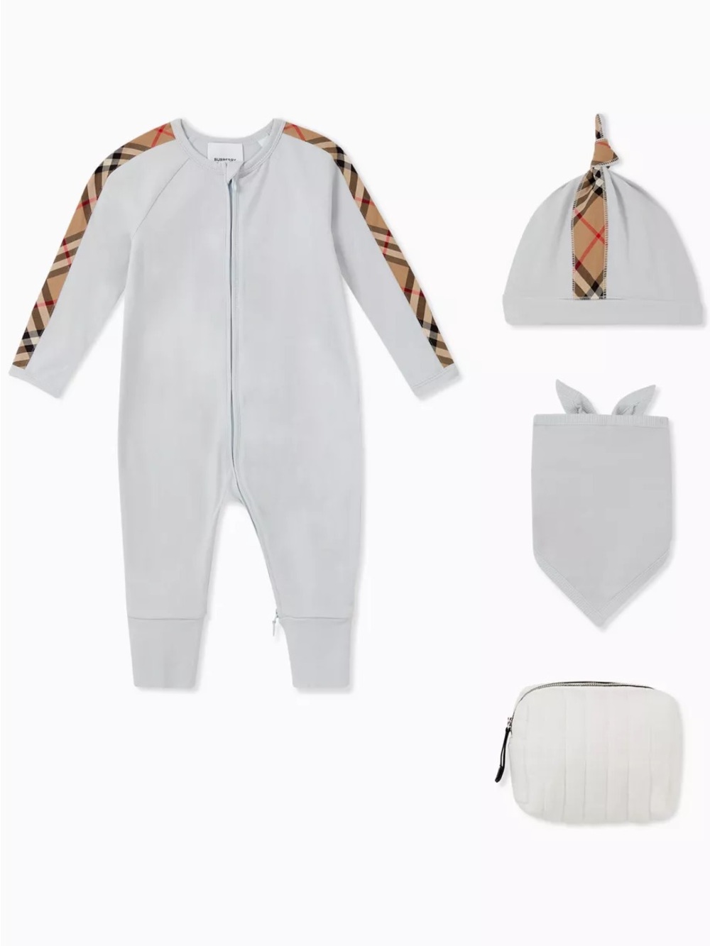 Burberry Light Blue Claude Baby Bodysuit One-Piece Set with Classic Check Trim